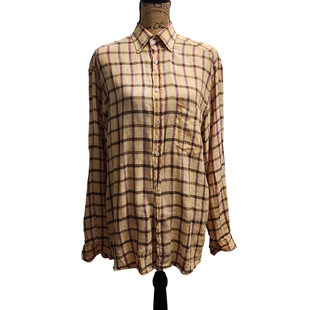 Jeff‎ Rose Linen Button Up Shirt Plaid Check Italian Designer Womens